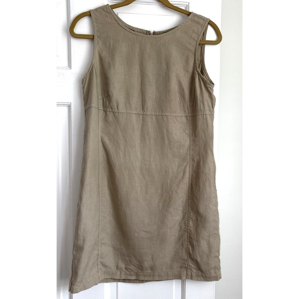 VTG Old Navy 100% Linen Sleeveless Shift Dress Tan Khaki Mini Size 2 404390-01-1